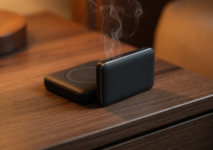 A small magnetic wireless power bank on a nightstand with faint smoke rising, illustrating the lithium-ion fire hazard behind the recall