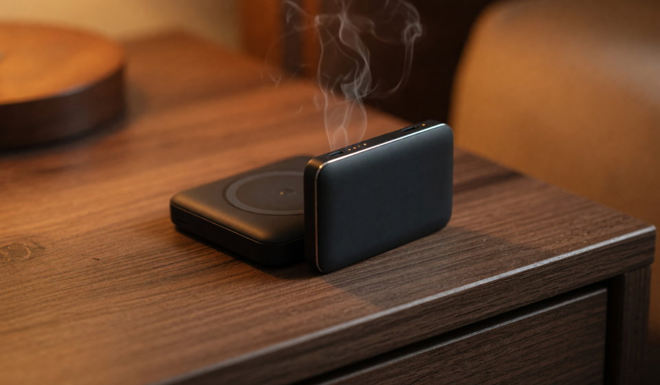 A small magnetic wireless power bank on a nightstand with faint smoke rising, illustrating the lithium-ion fire hazard behind the recall