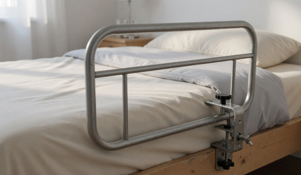 An adult portable safety bed rail attached to the side of a bed in a home bedroom