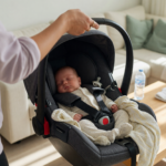 A parent lifting an infant car seat carrier by its top handle, with a baby buckled inside
