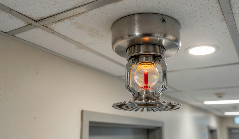 Close-up of a ceiling-mounted fire sprinkler head in a building hallway