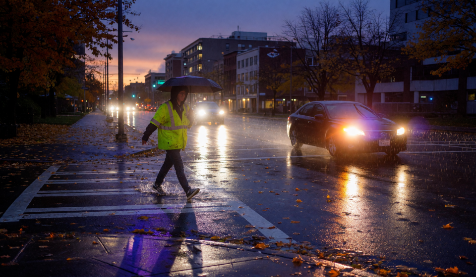 Pedestrian wearing a high-visibility reflective vest crossing a city street at dusk as car headlights approach