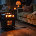 A black portable electric space heater running at night on a living room floor, illustrating the DREO fire-hazard recall