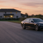 A dark luxury sedan parked outdoors in a driveway away from a house and other vehicles