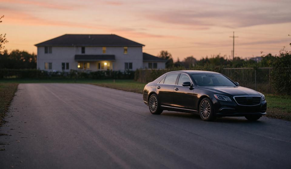 A dark luxury sedan parked outdoors in a driveway away from a house and other vehicles