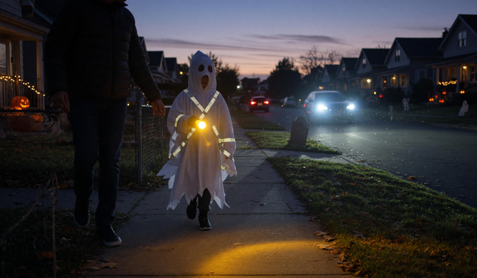 A child in a Halloween costume holding a flashlight and wearing reflective tape walks with an adult on a suburban sidewalk at dusk