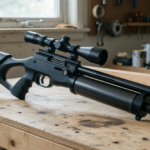 A black pre-charged pneumatic air rifle resting on a wooden workbench, illustrating the HatsanUSA Blitz recall