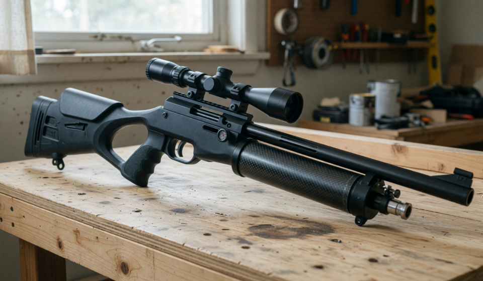 A black pre-charged pneumatic air rifle resting on a wooden workbench, illustrating the HatsanUSA Blitz recall