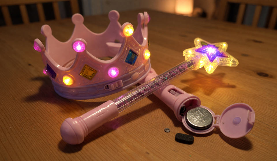 A child's light-up toy crown and wand beside an open battery compartment with a coin cell battery, illustrating button battery safety risks