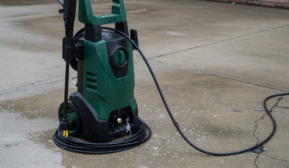 A green and black electric pressure washer on wet concrete outdoors, illustrating the CPSC shock and electrocution warning