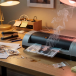 A thermal laminator on a desk emitting smoke near scattered papers, illustrating the Scotch thermal laminator fire-hazard recall.