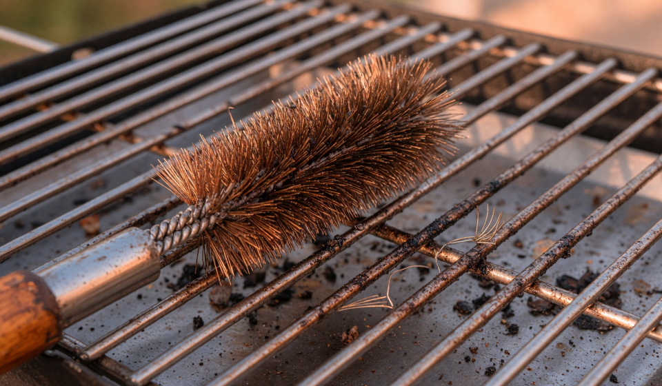 Close-up of a metal wire bristle grill brush on a barbecue grate with loose bristles, illustrating the Walmart Expert Grill brush recall